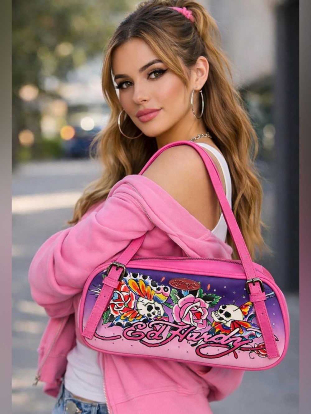 Ed Hardy NWT Pink Tattoo Shoulder Bag | Skull Rose Y2K Style Purse